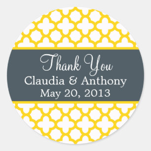 Monogram Yellow Quatrefoil with Charcoal Thank You Classic Round Sticker