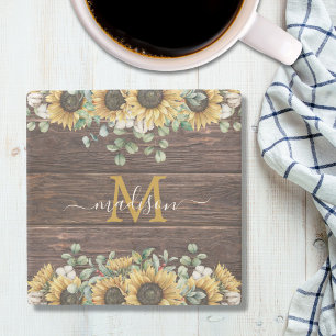 Monogram Yellow Sunflower Eucalyptus Brown Wood Stone Coaster