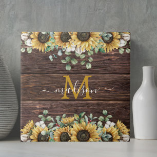 Monogram Yellow Sunflower Eucalyptus Brown Wood Tile