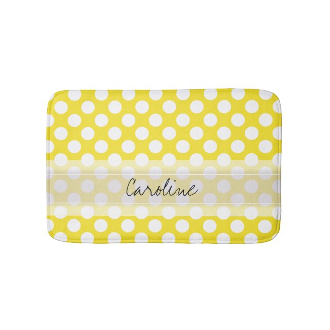 Monogram Yellow White Trendy Fun Polka Dot Pattern Bath Mat (Front)