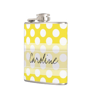 Monogram Yellow White Trendy Fun Polka Dot Pattern Hip Flask