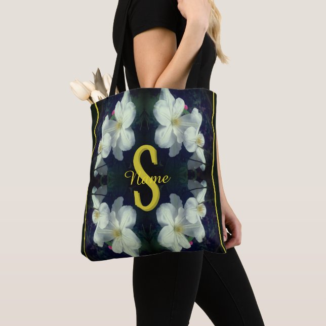Monogram Your Initial Name Clematis Floral Art Tote Bag (Close Up)