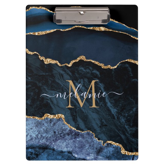 Monogram Your Name Navy Blue Gold Marble Clipboard (Front)