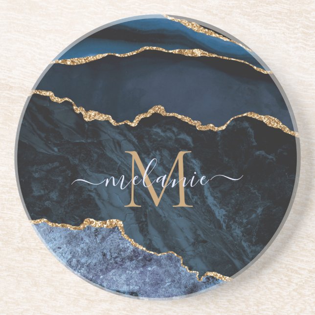 Monogram Your Name Navy Blue Gold Marble Coaster (Front)