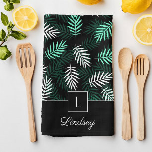 Monogram & Your Name On Dark Green Leaves Pattern Tea Towel