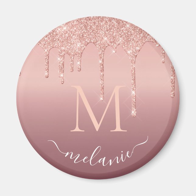 Monogram Your Name Rose Gold Blush Glitter Sparkle Magnet (Front)
