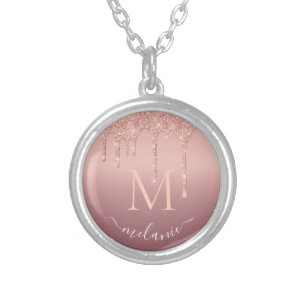 Monogram Your Name Rose Gold Blush Glitter Sparkle Silver Plated Necklace