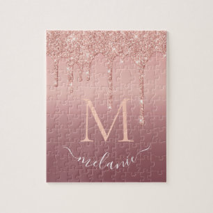 Monogram Your Name Text Rose Gold Glitter Puzzle