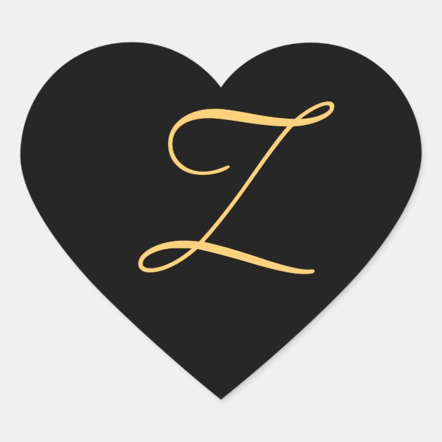 Monogram Z,  gold coloured initial Z on black Heart Sticker (Front)