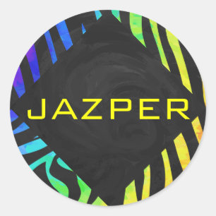 Monogram Zebra Black and Rainbow Print Classic Round Sticker