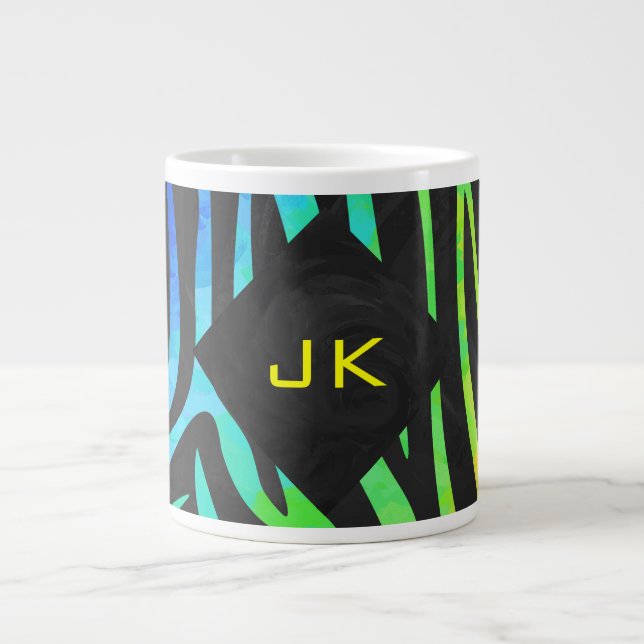 Monogram Zebra Black and Rainbow Print Large Coffee Mug (Front)