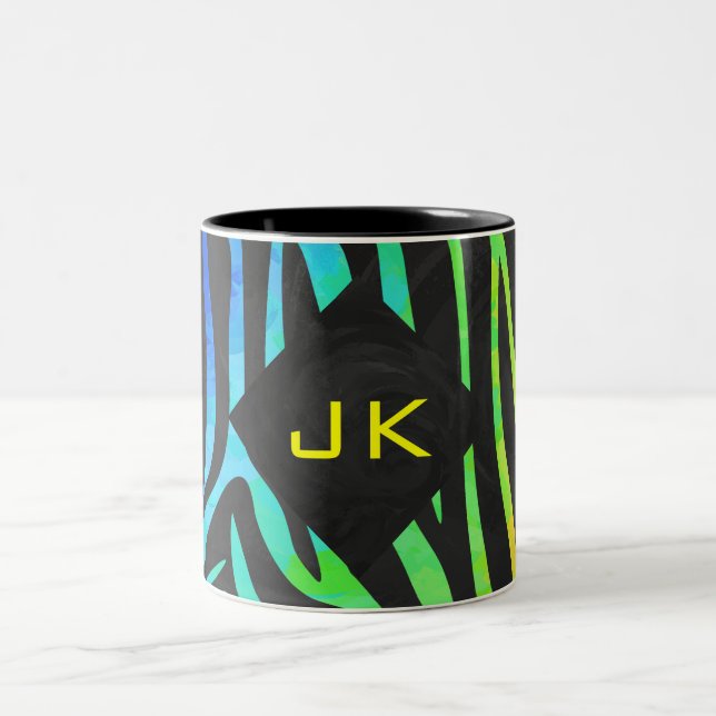Monogram Zebra Black and Rainbow Print Two-Tone Coffee Mug (Center)