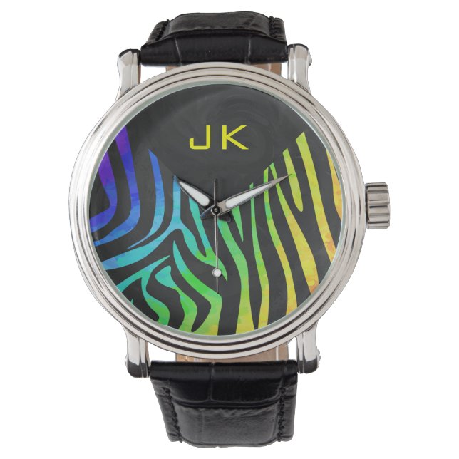 Monogram Zebra Black and Rainbow Print Watch (Front)