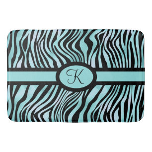 Monogram Zebra print Black and Teal Turquoise  Bath Mat