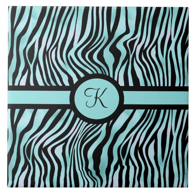 Monogram Zebra print Black and Teal Turquoise Tile (Front)