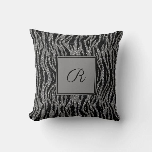 Monogram Zebra Print Black Grey Silver Trendy Cushion (Front)