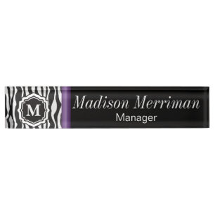 Monogram Zebra Purple Bar Nameplate