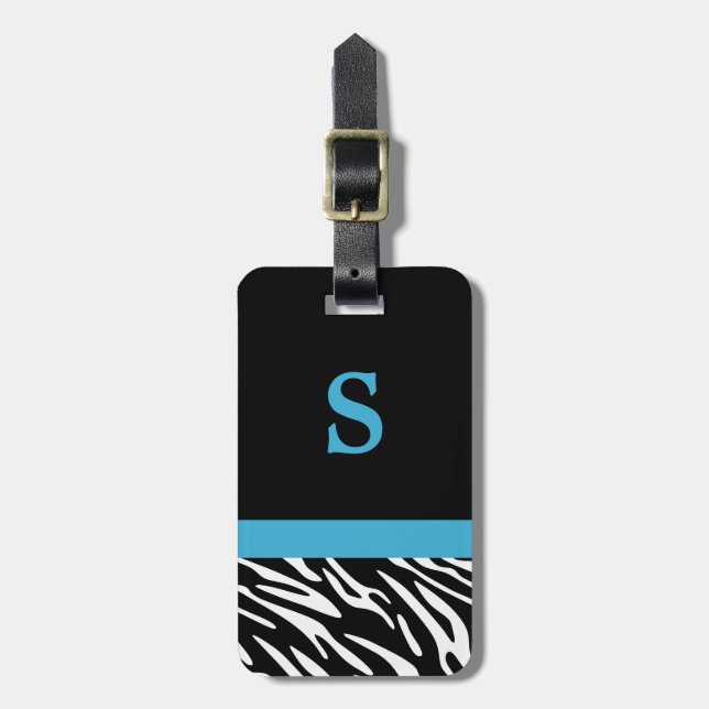 Monogram Zebra Stripe with Turquoise Luggage Tag (Front Vertical)