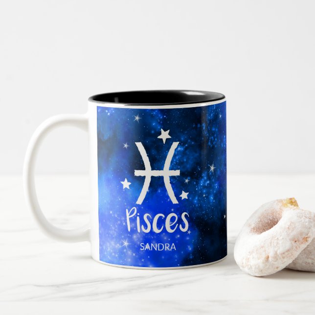 Monogram, Zodiac sign, Pisces with Blue Galaxy Two-Tone Coffee Mug (With Donut)