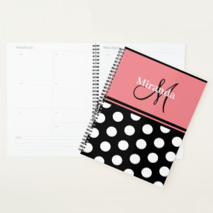 MonogramBlack Pink White Polka Dots Script Planner