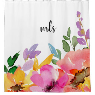 MonogramChic Trendy Spring Florals Watercolor Pink Shower Curtain