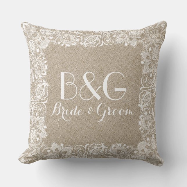Monogramed Beige Linen And White Lace Frame Cushion (Front)