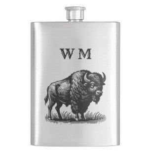 Monogramed Bison Buffalo On Stainless Steel Flask