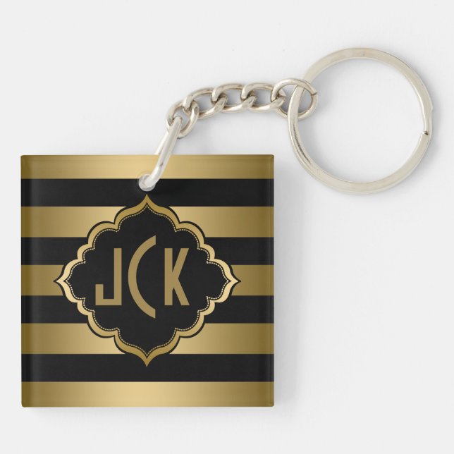 Monogramed Black And Gold Stripes Modern Design Key Ring (Back)