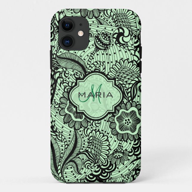 Monogramed Black And Green Girly Abstract Floral 2 Case-Mate iPhone Case (Back)
