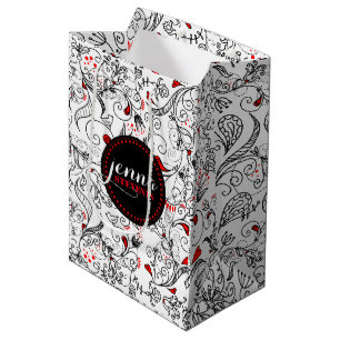Monogramed Black And White Retro Flowers Medium Gift Bag