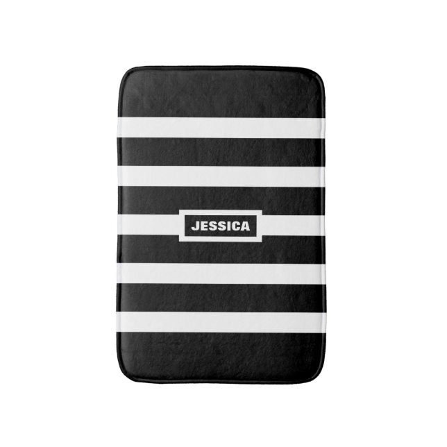 Monogramed Black And White Stripes Bath Mat (Front Vertical)