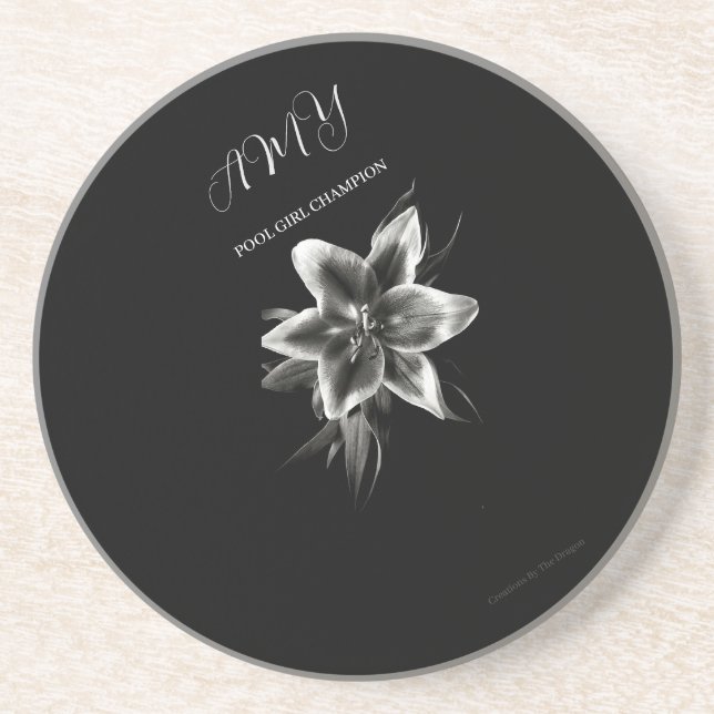 Monogramed Black And Write Lily Sandstone Coaster (Front)