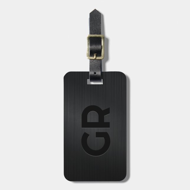 Monogramed Black Brushed Metallic Texture Luggage Tag (Front Vertical)