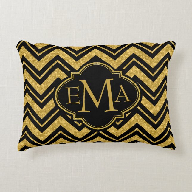 Monogramed Black Chevron & Gold Glitter Decorative Cushion (Front)