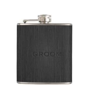 Monogramed Black Faux Wood Grain Illustration Hip Flask
