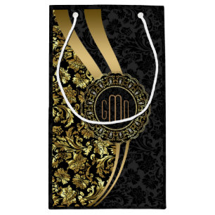 Monogramed Black & Gold Damasks Dynamic Stripes Small Gift Bag