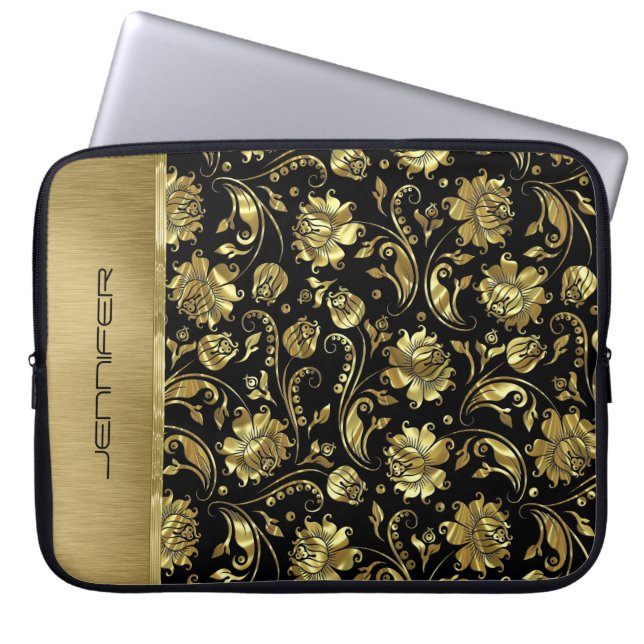 Monogramed black & Gold Damasks Pattern Laptop Sleeve (Front)