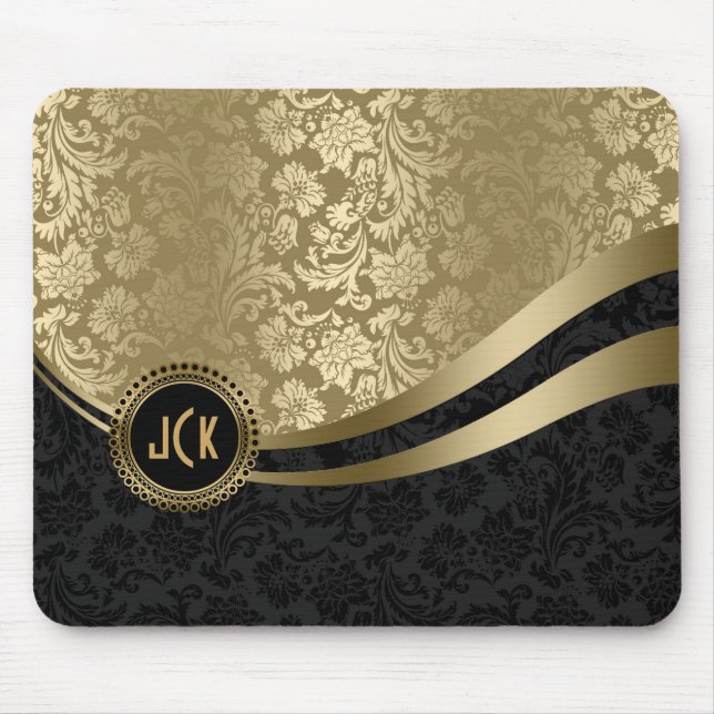 Monogramed Black & Gold Floral Damasks 2 Mouse Mat (Front)