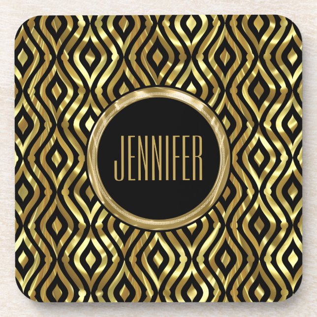 Monogramed Black & Metallic Gold Geometric Pattern Coaster (Front)