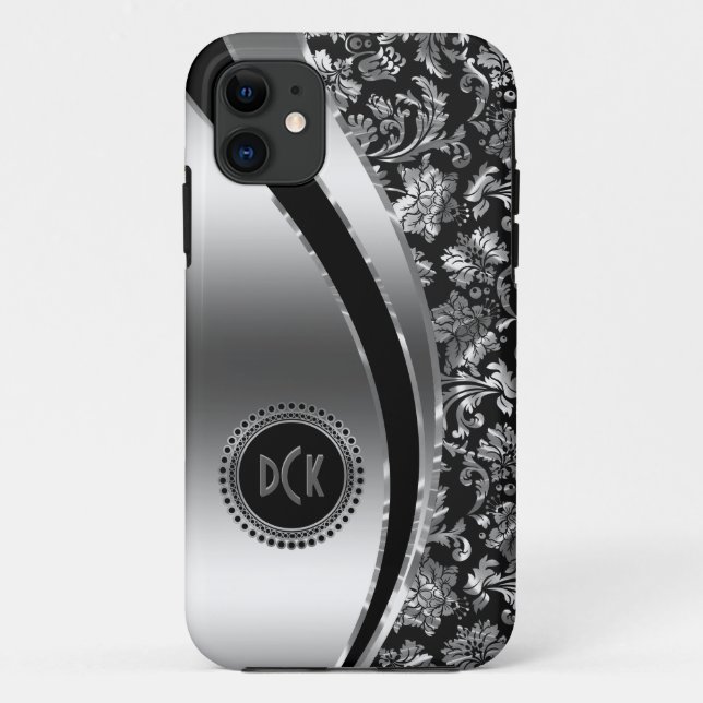 Monogramed Black & Metallic Silver Damasks Case-Mate iPhone Case (Back)