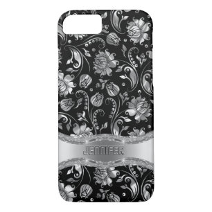 Monogramed Black & Metallic Silver Floral Damasks iPhone 8/7 Case