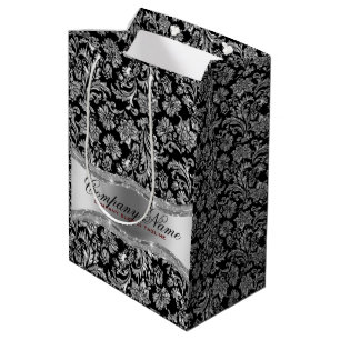 Monogramed Black & Metallic Silver Floral Damasks Medium Gift Bag