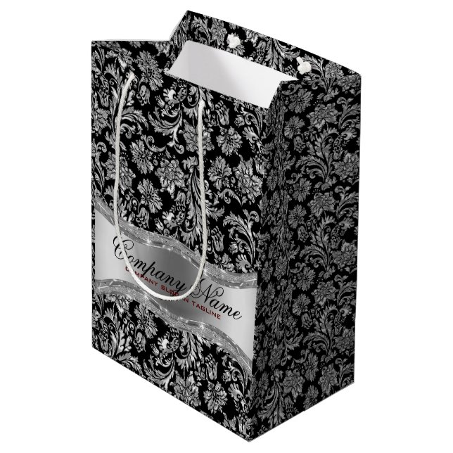 Monogramed Black & Metallic Silver Floral Damasks Medium Gift Bag (Back Angled)