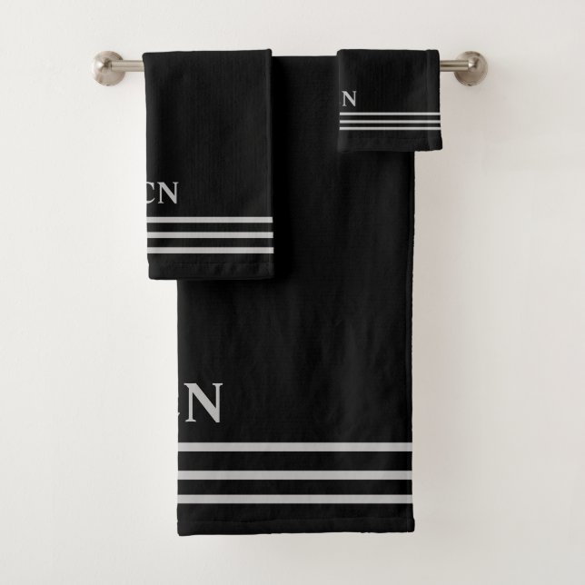 Monogramed Black Silver Striped Gift Bath Towel Set (Insitu)