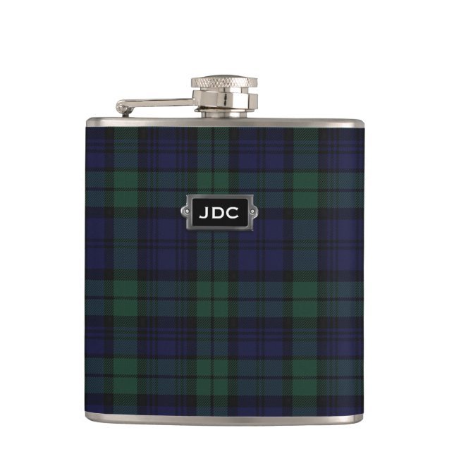 Monogramed Black Watch Tartan Plaid Flask (Front)