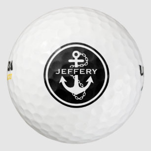 Monogramed Black & White Circle & Nautical Anchor Golf Balls