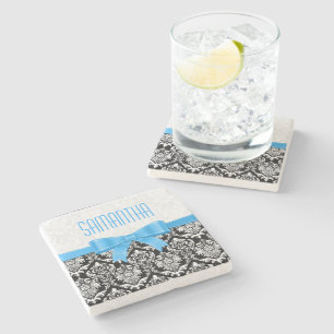 Monogramed Black & White Damasks Blue Ribbon Stone Coaster