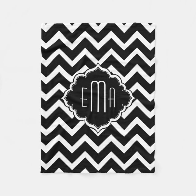 Monogramed Black & White Geometric Zigzag Chevron Fleece Blanket (Front)