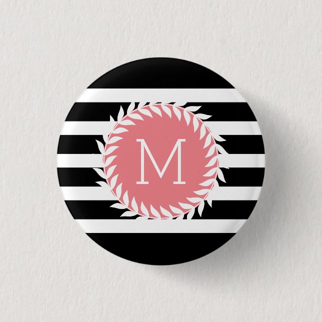 Monogramed Black & White Stripes & White Wreath 3 Cm Round Badge (Front)