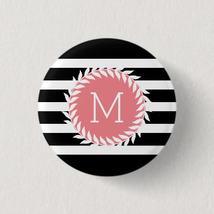 Monogramed Black & White Stripes & White Wreath 3 Cm Round Badge